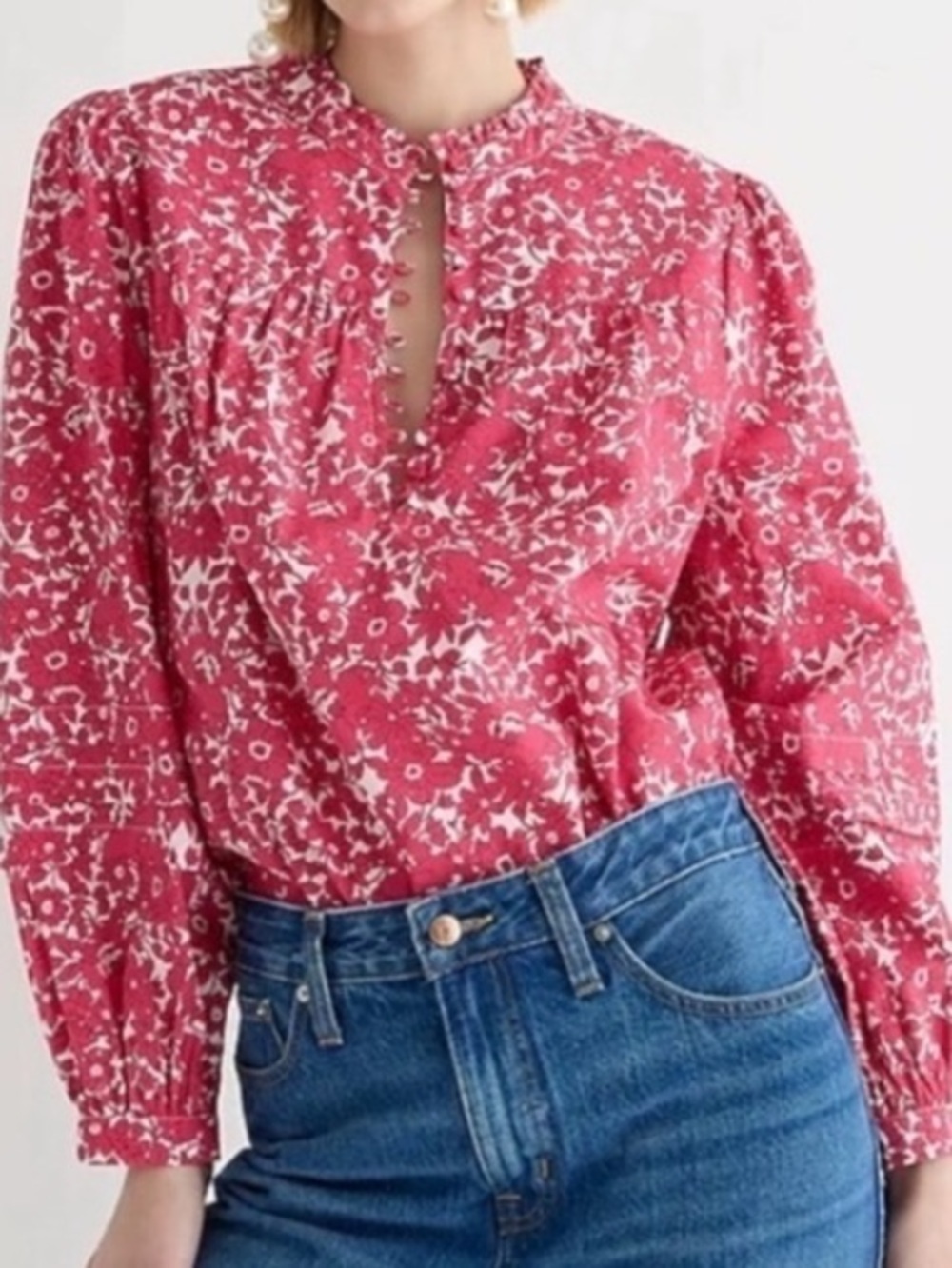 NWT J.Crew Ruffle Neck Popover Top Blushing Meadow Pink Floral XS Organic Cotton